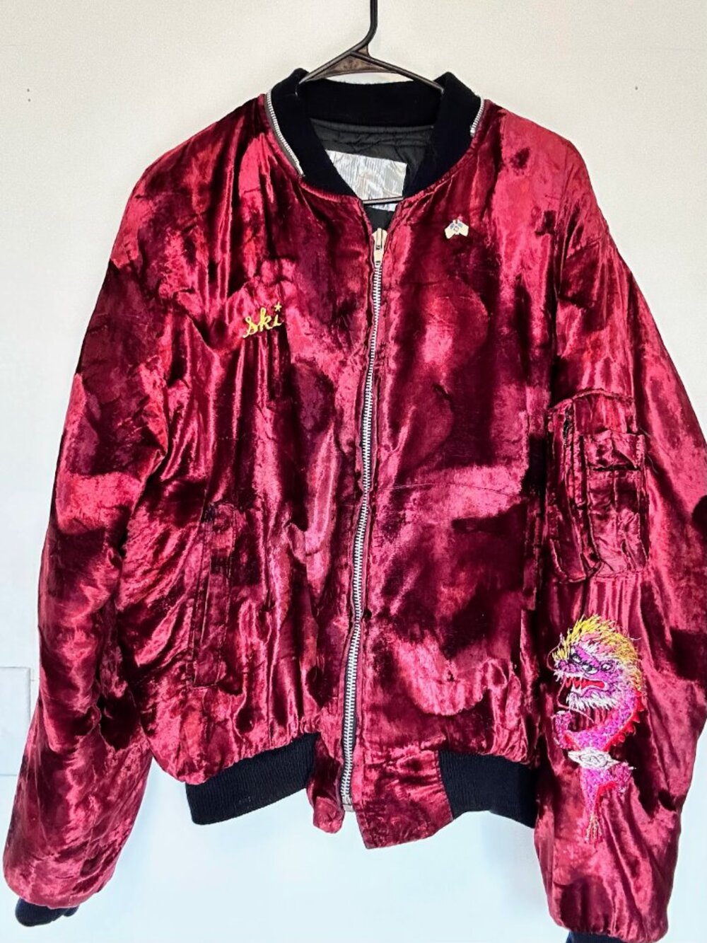 Vtg 80s 90s Crushed Velvet Sukajan Souvenir Jacket - Korea Dragon Bomber - Picture 2 of 16